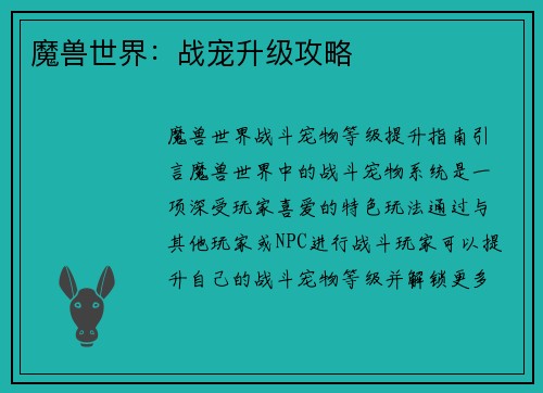 魔兽世界:战宠升级攻略