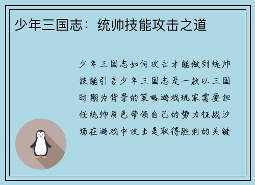 少年三国志:统帅技能攻击之道